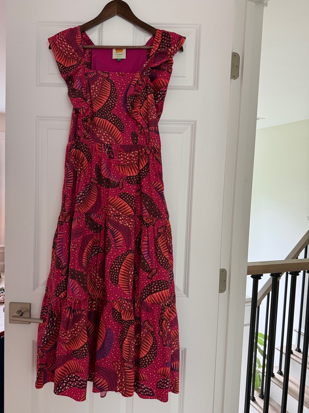 FARM Rio Pink and Orange Printed Ruffle Tiered Dress